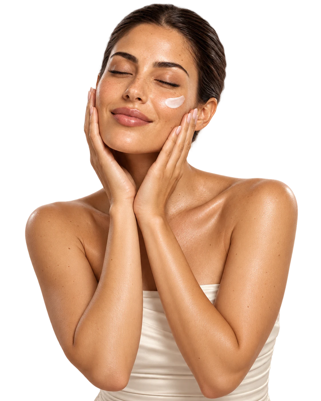 Client with eyes closed, touching radiant skin